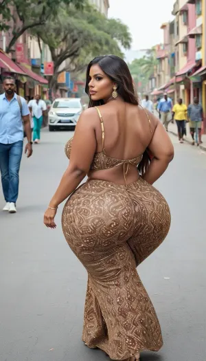 African women, extremely huge wide inflating booty, thin waist, extreme chubby hourglass body, extremely huge inflating boob, extremely large areola, extremely puffy nipple, wear an Indian saree, walking on street, back view, side view, ohwx, large, breasts, big, boobs, huge, tits, <lora:GracieBon-000005:.8>, <lora:bombshell_v2:.8>