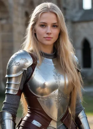 frontview of an girl knight, Blonde Hair, Oiled Skin, 18+, perfect beautiful slim scandinavian woman, smirking face, tanned skin, oiled skin, perfect small round breast and small rounded ass, wet skin, very long blonde hair, ((long hair:1.5)), ((wearing detailed full knight armor and a long old sword with detailed runes))