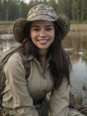 Detailed portrait, natural skin with visible texture, soft lighting that accentuates real features, big smile, laugh, shiny sking, black hair, focus on expression, blurred background, no digital retouching, high-definition photo quality a woman sitting in a field with a dog, hunters gear, hand holding cap brim, cute seductive smile, inspired by Doug Ohlson, her skin is light brown, in a swamp, very long flowing dark hair, face symmetry, intrincate clothing, femme fetal, in a nest