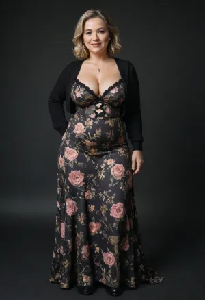 milf, bbw, curvy, 39 years old, facial features include a symmetrical face with a straight nose, a gentle smile, and expressive eyes. She has shoulder-length, wavy, light brown hair. Her skin tone is light. Her body type is a medium build. She is wearing a black cardigan-style top over a floral-patterned dress. The dress is a midi length with a v-neck and cleavage. 32b breasts. The floral design includes various shades of pink, purple, and white flowers on a black background. full body.