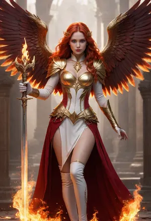 Full body, Talene, resurging flame, (AFK_Journey), angel, obsidian finch, female, mage, fire magic, elegant, radiant, caring, kind, extremely long fire red hair, pale skin, white dress with feather motif and gold accents, white thigh high boots with gold accents, white sleeved gloves that go to her elbows with gold accents, two sets of fire red wings sprouting from her back, large sword with fire motif, phoenix aesthetic, celestial vibes