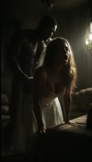 Cinematic, masterpiece, dim light, night, dark room, ultra realistic, Gorgeous chubby blonde milf, leaning forward, on couch, wedding dress with veil and lifted skirt, bimbo, long hair, deep penetration, screaming orgasm, front view, bent forward, (((mega muscular African brute))), 8k quality, interracial, fit body, slim chubby body, scared, grungy, indoors, bedroom, bed, red, curtains, picture, frame, white, wall, chandelier, sheet, <lora:MJ52:.5>, <lora:M05_Intensify:.7>, <lora:Grungy_Picture_SDXL_V1:.5>, <lora:gyakutaiojisan_bed_AB_XL:.8>, <lora:dark:.6>