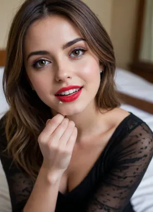 close-up portrait of Ana de Armas
18 year old, beautiful sexy, (skinny), (Brunette), posing in a short black dress, (very sexy horny), smile, bobcut, standing by her bed, lipstick, good hands, perfect fingers, red polish