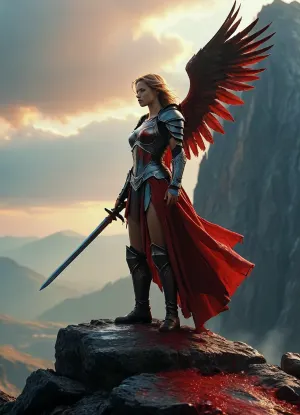 In the style of a 1990s movie poster, low angle. full shot. macrolens, stunning warrior-angel standing victoriously on a mountain top at dawn, drops of red liquid, sword, armor, war between good and evil, detailxl, <lora:MJ52:.5>