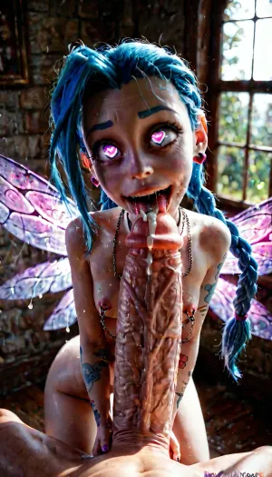 A very tiny fairy, ((Jinx from Arcane), ahegao face, drooling all over cock, large eyes, eyes wide open, eyes glowing purple, heart shaped pupils, large pupils, excited, pussy is cumming, huge fake tits, nipple chains, half the size of cock, covered in cum), very delicate, (appearance:.8), ethereal, (appearance:1), glowing wings, (wings:1.5), worshipping a gigantic huge white veiny cock twice her size, (cock size:2), with her hands and mouth, sucking cum from tip, (interaction:1), the cock Is very huge with drool running down it, (texture:1), surrounded by a magical room, (setting:1), soft sunlight filtering through the window, (lighting:1.2), (drool on cock), creating a warm atmosphere, (mood:1), full of intricate details, (details:.8), capturing the contrast between the tiny fairy and the immense huge cock, (contrast:1.5)