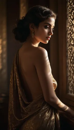 A high-art boudoir portrait of a naked Iranian woman, bathed in dramatic chiaroscuro lighting, evoking the timeless elegance of Baroque paintings. The interplay of deep shadows and golden highlights sculpts the delicate contours of her form, capturing an intimate yet enigmatic atmosphere. She is adorned in sheer, flowing fabrics that catch the light like liquid silk, partially revealing and concealing her silhouette in a dance of mystery. The background is a painterly blend of rich textures, reminiscent of old-world oil paintings, adding depth and warmth. Her gaze, soft yet powerful, speaks of untold stories, as Persian ornamental shadows—cast through intricate mashrabiya patterns—gently frame her figure. The ambiance is cinematic, infused with a poetic, almost surreal quality, as if time itself has paused to admire her presence.