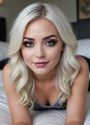 Gorgeous white haired girl with dark smokey eyes smiling sexily while crawling to the camera, mouth slightly parted, heavy eyelids, (thick excessively long bold winged eyeliner:1.3), round face, bedroom, long wavy hair cascading in front of her