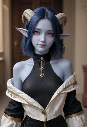 (Full body:1.5), solo, tiefling girl, masterpiece, best quality, 1girl, jesterlavorre, blue hair, purple eyes, freckles, (blue skin:2), colored skin, (horns:.1), pointy ears, upper body, smile, looking at viewer, wearing black sleeveless and trouserless bodysuit, one-piece black bodysuit, off-shoulder thin bodysuit, wears a thin bodysuit, wears high black stockings