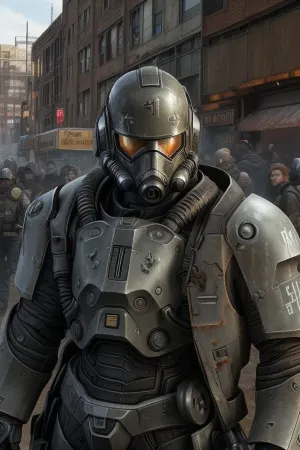 18yo, (brotherhood of steel paladin), (fallout 4), (post apocalypse), (eye contact:1.2), (looking at viewer:1.2), (close up:1.1), (front view:1.4), (crowd:1.5), view from below