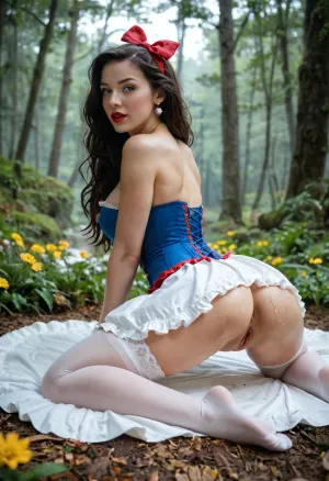 Side view photo raw, Snow White and seven dwarfs, disney princess in wonderland winter forest background, in wonderful winter forest with fawn, showing wet vagina pussy, wet pussy, Craft an image of a woman with luminescent blue eyes and black hair, ((clad in a blue-yellow snow white style corset)), ((snow white dress style)), Red bow in the hair, silk stockings with support, (with shaved wet pussy), (breast with perfect erect Nipples), steampunk, rich in detail and frills, The setting is ethereal, with a backdrop fantasy forest with flowers and butterfles, fawn on background that accentuates the ornate outfit. Ensure ultra-high-detail, photorealism, and crystal clear 32k resolution for a true masterpiece. 🎀👗✨💎, bmbplora, cutout, clothing, nipples, woman, medium, large, pussy, vaginal, exposed, breasts, top-down, tall, ((textured skin)), 4k epic detail, shot on kodak, 35mm photo, sharp focus, cinemascope, epic, score_9, score_8_up, score_7_up, rating, explicit, best quality, ultra-detailed, masterpiece, finely detail, highres, 8k wallpaper, intricate, highly detailed, insanely detailed, best lighting, perfect illumination, (best illumination), (best shadow, best shadows), full scene picture, full-length photo, ((ultra-detailed)), (intricate details:.6), professional photography, photo-realism, award winning photography, dslr, hyperrealistic, 35 mm, (Fujifilm XT3, analog style, professional DSLR photo, film grain:.8), 8k high definition, Great Composition, highly complex, (intricate detail:1.2)