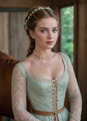 In a stable. Excited lady, between horse stalls, between horses, on the hay. 21 yo Woman, adorned in Richly decorated historical lady lace dress, wide open Square neckline. ginger-auburn longe hair in braids, D-cup breast. Wasp thin waist. Wide lips, puffy lower lip, symmetrical Rectangle face shape, largr upturned pale blue eyes. Couture, Colourful, long gown, emerald collar, delphiniums, peony, peppermint, embroidered lace, chandelier, glittery smoke, beautiful model braided hairstyle, light lora, MJ52, .4>, 1880_dr3ss, 1890_dr3ss, 1900_dr3ss, 1905_dr3ss, 1910_dr3ss, Fortuny, Eye contact with a viewer, alluring smile, seductive gaze, <lora:SDXLHighDetail_v6-000005:.5>, <lora:Belle_Epoque_Dresses_1880-1914_XL:.4>