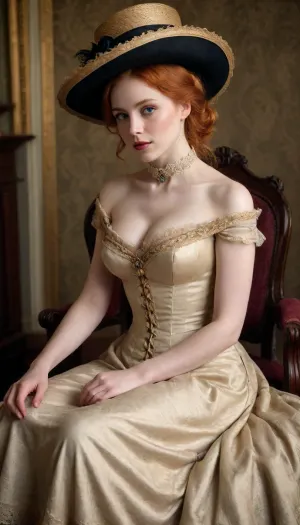 victorian women, sitting, full body picture, victorian dress, exposed tits, exposed nipples, ginger, using a victorian hat, elegant