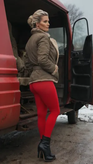 (4K UHD ultra-detailed RAW photo), high detailed, 8k, (photorealistic:1.7), close up, face focus, Georgian tourist women 50 yo, ((view from behind)), ((milf:1.5)), ((curvy:1.3)), in Wasterland, standing near the truck, (scared attitude:1.1), ((wearing in short winter jacket)), ((wearing in red leggings)), ((fertile body)), ((high heels over knee high boots)), blonde updo haircut, ((makeup:1.2)), 1/2 length view, (4K, high resolution, best quality), fnvlegionslave, Wasteland, clothes, Photography, stvmccrr, style, <lora:stvmccrr:.8>