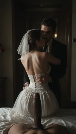 A romantic bedroom scene viewed from the POV of an giant black man with large black penis standing in the doorway, a bride in a beautiful white slutty and cutout wedding dress sitting on a luxurious bed, white cuckold groom in a suit gently hugging her from behind, sitting on bed, both looking at each other lovingly, soft candlelight and moonlight glowing in the room, rose petals scattered around, dreamy and intimate atmosphere, fantasy style, highly detailed, cinematic lighting, <lora:dark:.4>