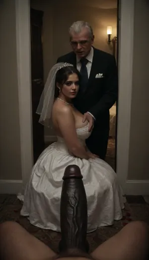 (POV of an giant black man with large black penis standing in the doorway near the cuckold Groom and bride), (((The white cuckold man is To take out bride's dress and he is inviting))), a Curvy Persian bride in a beautiful white slutty and cutout wedding dress sitting on a luxurious bed, ((white cuckold groom in a suit gently hugging her)), sitting on bed, (both looking at each other lovingly), soft candlelight and moonlight glowing in the room, rose petals scattered around, dreamy and intimate atmosphere, fantasy style, highly detailed, A romantic bedroom scene, cinematic lighting, romantic_couple_poses, <lora:dark:.5>, <lora:1365620_training_data:.7>, <lora:milkers_v2:.4>