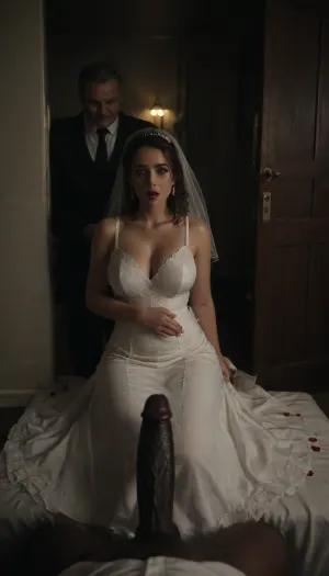(POV of an giant black man with large black penis standing in the doorway near the cuckold Groom and bride), (((The white cuckold man is To take out bride's dress and he is inviting))), a Curvy Persian bride in a beautiful white slutty and cutout wedding dress sitting on a luxurious bed, ((white cuckold groom in a suit gently hugging her)), sitting on bed, (both looking at each other lovingly), soft candlelight and moonlight glowing in the room, rose petals scattered around, dreamy and intimate atmosphere, fantasy style, highly detailed, A romantic bedroom scene, cinematic lighting, romantic_couple_poses, PEOPShockedFace, shocked, face, eyes, popping, out, mouth, open, anime, cartoon, <lora:dark:.5>, <lora:1365620_training_data:.7>, <lora:milkers_v2:.4>, <lora:PE_OP_ShockedFaceMeme:.4>