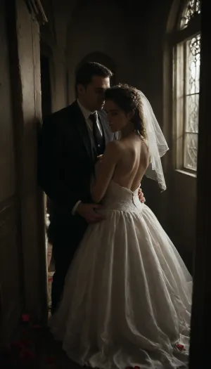 A romantic bedroom scene viewed from the POV of an giant black man with large black penis standing in the doorway, a bride in a beautiful white slutty wedding dress sitting on a luxurious bed, a white cuckold groom in a suit gently hugging her from behind, both looking at each other lovingly, soft candlelight and moonlight glowing in the room, rose petals scattered around, dreamy and intimate atmosphere, fantasy style, highly detailed, cinematic lighting, <lora:dark:.5>, AH_Tadema, <lora:287743_training_data:.8>