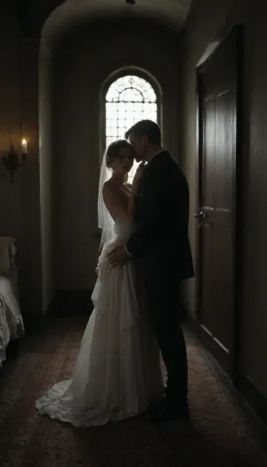 A romantic bedroom scene viewed from the POV of an giant black man with large black penis standing in the doorway, a bride in a beautiful white slutty wedding dress sitting on a luxurious bed, a white cuckold groom in a suit gently hugging her from behind, both looking at each other lovingly, soft candlelight and moonlight glowing in the room, rose petals scattered around, dreamy and intimate atmosphere, fantasy style, highly detailed, cinematic lighting, AH_Tadema, <lora:dark:.5>, <lora:287743_training_data:1>