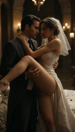 (POV of an giant black man with large oily black penis in the bride's wet pussy), cum dripping pussy, (((The young Iranian white cuckold man is holds bride's legs to make it easier to fuck))), a Curvy Persian bride in a beautiful white slutty and cutout wedding dress on a luxurious bedroom, ((white cuckold groom in a suit gently hugging her)), (both looking at each other lovingly), soft candlelight and moonlight glowing in the room, rose petals scattered around, dreamy and intimate atmosphere, fantasy style, highly detailed, A romantic bedroom scene, cinematic lighting, romantic_couple_poses, green, eyes, blue, brown, perfecteyes, <lora:1365620_training_data:.8>, <lora:PerfectEyesXL:.8>, <lora:MJ52:.7>, <lora:dark:.4>