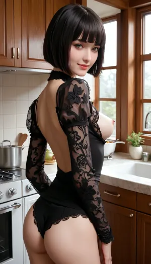 1950s skinny milf, black lace, normal breasts, smile, looking at viewer, wide hips, indoors, kitchen, slim, black hair, lips, bob cut, blunt bangs, ass, booty, pose, normal tits, cutout, clothing, nipples, <lora:2BoutOvalSDXL2-000002:.1>