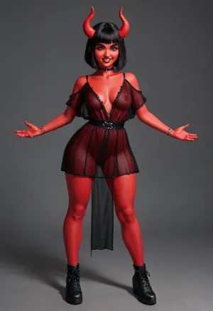 (1girl), demon girl, evil smile, full body, straight demon horns, slutty clothes, no bra, no underwear, ((see through outfit)), revealing, emo and goth accessories, (thick hips), black hair, (red skin), Wide hips, makeup, thick eyebrows, eyeshadow, lips, simple abstract background, Perfect Hands