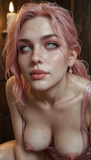Score_9, european woman, (face closeup:1.13), chubby, cute face, ponytail, messy wet hair, perfect medium breasts, pale pink hair, (pale skin:1.5), transparent pink latex dress, (white eyes:1.3), (dimples:1.5), (puffy areola:1.33), seductive smirk, narrow lips, green makeup, candle light, (under view:1.3), (side view:.4), squatting, <lora:aka-000002:.7>, <lora:EnvyZoomSliderXL01:1>, <lora:765092_training_data:1>, <lora:detailed_notrigger:.8>