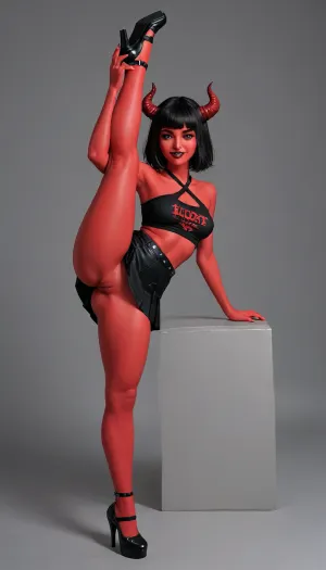 (1girl), (full body), 3/4, demon girl, evil smile, full body, straight demon horns, slutty clothes, no bra, no underwear, revealing, emo and goth accessories, (thick hips), black hair, (red skin), Wide hips, makeup, short skirt, thick eyebrows, eyeshadow, lips, simple abstract background, Perfect Hands, (leg split), (leg up), <lora:legupsex_XL_9_-000009:.4>