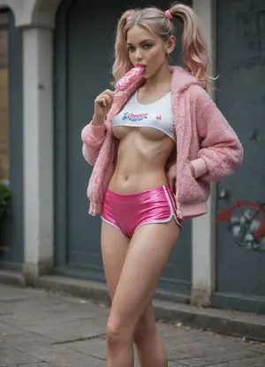 full view, 3d rendering in perfection, (view from side:1.1), ((sideview silouette)), two east european centerfold bimbo whore, skinny feminine, thin pigtails clips, super heavy makeup glossy lipstick, eyeliner bluegreen, hips side, sqeezing hardcore own breast, (amazing long legs:1.4), extra big plateau boots, (cameltoe pussy clothes:1.5), hot micro dolphin shorts, shiny pastel light blue, (shiny reflections mesh transparent:1.3), super waist, (flashing long nipple:1.2), fluffy pink fur jacket, (eating thick candy rod:1.6), sap dripping on tits, handbag, summer leaning at graffiti glowing sign neonlight red telling" GIRLS GIRLS GIRLS", perfect illumination cameltoe, ultra high resolution picture, 8k