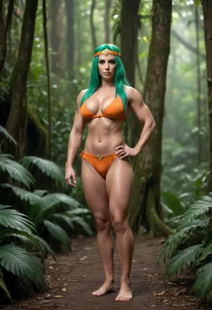 Full body, rival Amazonian, extremely large breasts, extremely large ass, extremely large hips, extremely thin waist, extreme hourglass figure, top heavy, bottom heavy, front heavy, back heavy, fitness model physique, fierce Amazonian warrior, large woman, extremely muscular, extreme muscle definition, extremely defined abs, extremely defined biceps, extremely defined thighs, massive biceps, huge thighs, long green hair, no makeup, orange cloth breast wrap, orange loincloth, golden circlet on head, bare feet, in the jungle