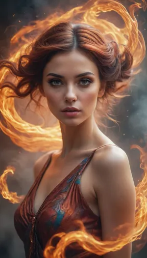 Surreal Portrait of Woman with Swirling Fiery And Smokey Essence in Ethereal Fantasy Art Style
