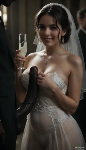 interracial, ((white cuckold husband in suit is behind the bride and crying)), very large black penis, The happy chubby Persian bride in sexy wedding dress, cum driping bride's chain' cum driping from black penis, drinking sperm from transparent Shot glass, there is glossy and sticky sperm in small Shot glass, small Shot glass full of sperm, cum swallowing, ((gokkun)), cum dripping from the corners of her lips, The woman holds the Shot glass under the black cock., ((there is a text on The Shot glass is, "BBC Cum")), logo, text, sign, that, says, the, word, happy, <lora:671410_training_data:.9>, <lora:dark:.5>, <lora:texta:1>, <lora:677862_training_data:.9>, <lora:happy_v2:.9>