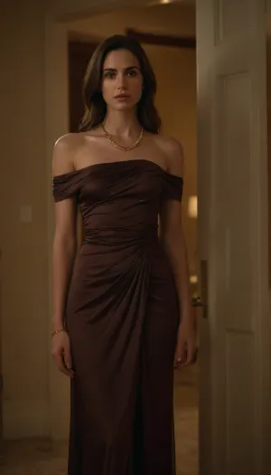 (((UHD 8K, masterpiece, best quality, maximum details, dim lighting, extreme realism))), . A tall, elegant young woman standing confidently in a doorway of a modern, softly lit bathroom. She has long, straight dark brown hair cascading over her shoulders, a symmetrical face with fine features, arched eyebrows, and a composed expression. She is wearing a form-fitting, off-the-shoulder dark brown gown that drapes naturally over her body, with a slight ruched detail at the hip. Her posture is graceful — one hand resting lightly on the door frame, the other on her hip. She wears a delicate gold necklace with a small pendant. The room behind her is minimalist and warmly lit, with a mirror, marble textures, and soft ambient lighting., Stable-Yogis-Makeup-Enhancer-XL, fishnetdress, <lora:fishnetdress_XL_reg1_:.8>, alisa_pik@xl, <lora:()Alisa Pika XL:.8>