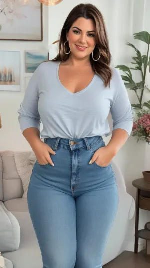 60 year old mature obese GILF, standing, in a living room, (small, not tall), (wide hips), (thick thighs), brunette hair with auburn highlights, chubby round face, strong nose, big smile, (capturing full body, happy expression), hoop earrings, best quality, photorealism, masterpiece, tight highwaist blue jeans, lowcut v-neck white t-shirt tucked in, sagging, FUPA, big ass, milf, <lora:Milf:.8>, <lora:janauber:.8>, <lora:mommyfy_V1:.8>