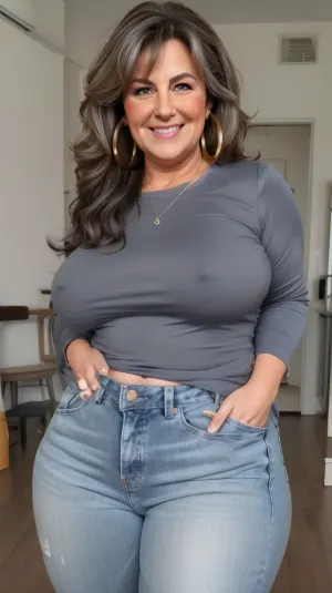 60 year old mature GILF, standing, (small, not tall), (wide hips), (thick thighs), brunette hair with gray highlights, chubby round face, strong nose, big smile, unexpected camera, (capturing full body, surprised expression), hoop earrings, best quality, photorealism, masterpiece, tight highwaist blue jeans, lowcut v-neck white t-shirt tucked in, sagging, FUPA, big ass, milf, braless, covered, nipples, <lora:Milf:.8>, <lora:st-fs_v1.1:.8>, <lora:bralessv2:.5>