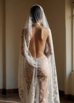 back view, full body image, A naked sexy Iranian woman standing under soft morning light. A sheer, delicately embroidered traditional veil loosely draped over her head, partially obscuring her features. The sunlight filters through the fabric, casting lace-like shadows on her bare skin. Her posture is graceful, her gaze calm yet distant. The composition contrasts vulnerability and quiet power, exploring identity, sensuality, and cultural layering.
Mood, Ethereal, poetic, introspective.
Inspiration, Iranian elegance meets modern nude minimalism., <lora:Creat0r_MagicDetailzV2_FIX:.8>