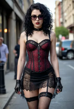 goth punk girl in transparent lace micro dress, lace stockings, modern city street, (curly black hair), ((evil face)), (vampire fangs), (sunglasses), lace corset, fishnet, microskirt, show shaved pussy, skirtlift, <lora:Gothpunkgirl-000009:.5>, <lora:skirtlift-v1:1>