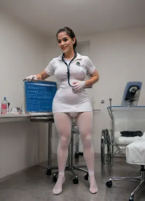 Full body view, dark brown hair, strict hair bun, latina shemale doctor, voluptuous figure, hourglass figure, wide female hips, perfectly sized breasts, perfectly rounded apple sized sexy ass, detailed hospital background, (white medical tunic:1.3), (skintight white doctors leggings:1.3), white clogs, (stethoscope on the neck:1.3), holding a clipboard, writing something on the clipboard, medical forehead reflector, wears medical latex gloves, grin mockingly, stunning beautiful face, highly detailed face, ful lips, subtle stylish make-up, wears norn-rimmed glasses, wristwatch, standing in a medical examination room, (gynecological chair:1.9), erected nipples, (penis bulge:1.8), semi erected penis, flaccid penis, highly detailed ballsack bulge, full covered penis bulge, wet spot at the penis tip, poorly lit medical examination room, 4k photo, hdr photo, masterpiece, Trfut, flac-futa, flac-penis, photo, artwork, uberfit, muscular, athletic, docpollparan, surgical, outfit, <lora:SDXLlora4flFut-000014:1.3>, <lora:uberfit_lora_sdxl:.8>, <lora:907721_training_data:2>, <lora:concept_surgeon_xl_v1:.5>