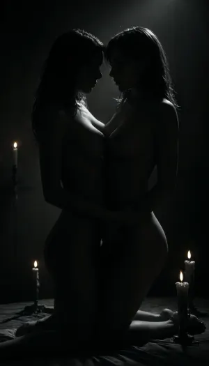 (masterpiece, best quality, photorealistic), ((monochrome:1.5)), ((black and white only:1.4)), soft candlelit chamber, deep shadows, ritual setting two nude women present, one standing, the other kneeling before her, body upright and breasts exposed, ((first woman tilting a lit black candle over the second woman’s chest:1.6)), molten wax visibly dripping from the candle, ((second woman’s skin reacting, wax landing on her bare breasts:1.7)), chest arched slightly, mouth parted, eyes half-closed visible trails of melted wax on her skin, hardening as it cools, detail focus on breast and wax interaction camera mid-close, focused on wax drip, candle, and chest—mood heavy, reverent, erotic atmosphere silent, soaked in heat and submission, <lora:dark:.7>, <lora:pptrain_xl:.1>, <lora:ral-chrosc-bw:.8>