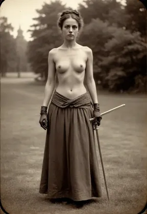 woman, halfnude in only long skirt pretty young victorian lady with rapier in right hand ready for duel, fencing position, outdoor, (topless:1.6), ((19th century vintage Victorian photography:1.7), tintype, dry plate, grainy, real, (facing camera:1.2), shot from a distance, long shot)