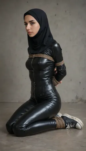 a young woman with leather hijab, tight leather pants, leather corset and converse sneakers, (hogtied:1.2), hogtie, bondage, <lora:sdxl_hogtie_v2-step00001500:.8>, (reflective leather:1.2)