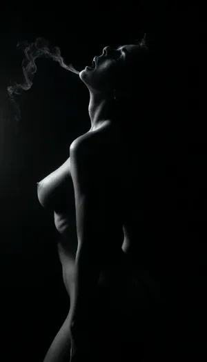 (masterpiece, photorealistic), ((monochrome:1.6)), ((black and white only:1.5)), ritual lighting, smoke swirling around her woman standing, naked, drenched, arms lifted back, thighs parted, ((back arched deeply:1.5)), ((head thrown back in surrender:1.4)), face to the sky red eyes glowing through shadow, tongue exposed, cum trailing down her belly, cunt wet and gaping from earlier use camera low and wide, capturing the power and ruin of her form in holy stillness, ((selective color, red)), <lora:ral-chrosc-bw:1>, <lora:dark:1>