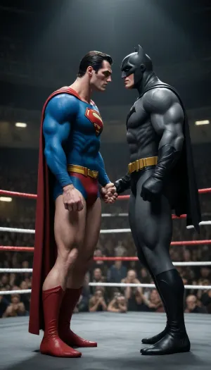superman and batman, wrestling, fight in the ring, blood, bruises, 8k, Superman, cartoon, dark, cinematic, style