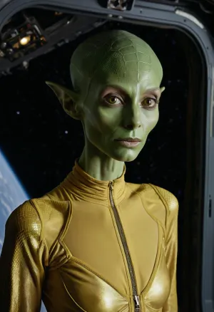 a strange looking alien woman, outlandish facial features, ((very high cheekbones)), ((very skinny)), ((very skinny face)), green skin, yellow reptilian eyes, space jump suit with deep cleavage, large saggy breasts, in space, shy glance, shy smile