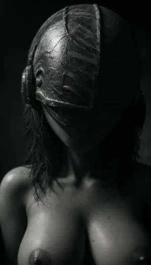 (masterpiece, best quality, photorealistic), ((monochrome:1.6)), ((black and white only:1.5)), fog-drenched industrial interior, hard shadows, rusted metal walls, nude female figure standing tall, ((perfect curvaceous body:1.8)), — full breasts, wide hips, tidy bush, defined thighs, moisture at inner thighs, ((head obscured by massive geometric helmet:2)), — large metallic pyramid-shaped helm, edges sharp, surface worn, fully concealing face and neck, ((arms relaxed, posture unyielding)), one hand gripping a long industrial blade, or dragging something unseen, lighting dramatic, carving shape into her curves and the pyramid helm, light pooling around feet and hips, camera low, tilted slightly, centered on body — form soft, helm brutal, contrast absolute, atmosphere oppressive, erotic, surreal — **she does not reveal, she destroys**, <lora:ral-chrosc-bw:1.2>, <lora:dark:.5>