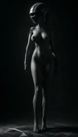(masterpiece, best quality, photorealistic), ((monochrome:1.6)), ((black and white only:1.5)), fog-drenched industrial interior, hard shadows, rusted metal walls, ((nude female figure standing very tall:1.9)), ((perfect body:1.8)), — full breasts, wide hips, tidy bush, defined thighs, moisture at inner thighs, ((head obscured by massive triangular geometric helmet:2)), — large metallic pyramid-shaped helm, edges sharp, surface worn, fully concealing face and neck, ((arms relaxed, posture unyielding)), one hand gripping a long industrial blade, or dragging something unseen, lighting dramatic, carving shape into her curves and the pyramid helm, light pooling around feet and hips, camera low, tilted slightly, centered on body — form soft, helm brutal, contrast absolute, atmosphere oppressive, erotic, surreal — **she does not reveal, she destroys**, <lora:ral-chrosc-bw:.7>, <lora:dark:.7>