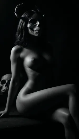 (masterpiece, best quality, photorealistic), ((monochrome:1.6)), ((black and white only:1.5)), darkened ritual chamber or empty stone interior, soft underglow lighting nude woman seated or reclining on hard surface, ((legs fully parted in confidence:1.8)), inner thighs and folds softly exposed in contrast light, ((body flawless, erotic, reverent:1.8)), — smooth skin, tidy bush, full breasts, narrow waist, soft curve of belly, moisture visible between parted folds, ((wearing primal animal skull mask:1.9)), — bone texture, elongated snout or antlers, eye sockets empty, face fully concealed light source low, illuminating her sex, hips, and chest — face shadowed, mask dominant in silhouette camera low and frontal, focus centered between thighs, mask blurred or framed above — **body revealed, identity hidden** atmosphere sacred, ancient, deeply erotic — **she is not woman. She is offering**, <lora:ral-chrosc-bw:1.2>, <lora:dark:.7>