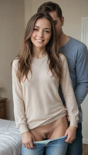 Le moment intime

- Oui.

L'histoire commence avec une fille américaine de 19 ans qui est décrite comme mignonne, maigre, et pas si grande. Ses cheveux brun clair et ondulés sont largement mis en valeur, ce qui lui donne un aspect radieux. Elle a de grands yeux tristes, un nez retourné avec une pointe rouge, et des lèvres pleines qui sont toujours teintées d'une teinte rosée. Son comportement est décontracté et amical, et elle se porte avec une élégance naturelle. La scène a lieu dans sa chambre, où elle est habillée d'une chemise simple et porte un long collier de perles et des boucles d'oreilles circulaires proéminentes. Son petit ami, se tenant derrière elle, a les yeux fermés alors qu'il lui embrasse le cou et lui passe les mains sur le corps. Il porte un pantalon pyjama et un pull, tandis que ses cheveux courts ajoutent à son comportement détendu. Le focus de l'image est sur elle, cependant, comme elle sourit joyeusement, son jean et sa culotte sont légèrement baissés, révélant son vagin poilu qui devient le centre de l'attention. Son expression heureuse et le moment intime du couple captent un sentiment d'amour et d'affection dans leur relation.