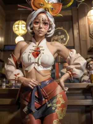 crowded bar, no makeup, good hands, perfect fingers, upskirt, puffy cameltoe, purah, red, glasses, hair, ornament, stick, headband, white, shirt, bare, shoulders, jacket, black, skirt, orange, leggings, high, heels, sleeveless, <lora:ahx_v1:.5>, <lora:purah-nvwls-v3-final:1.5>, standing, split, leg, up, lift, on, one, <lora:standing split:.5>