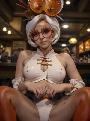 crowded bar, no makeup, good hands, perfect fingers, leotard, puffy cameltoe, purah, red, glasses, hair, ornament, stick, headband, white, bare, shoulders, jacket, black, orange, leggings, high, heels, sleeveless, <lora:ahx_v1:.7>, <lora:purah-nvwls-v3-final:1.5>, <lora:mlegs1-000015:1>, <lora:mlegs1-000015:.5>