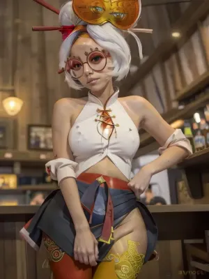 crowded bar, no makeup, good hands, perfect fingers, leotard, puffy cameltoe, purah, red, glasses, hair, ornament, stick, headband, white, bare, shoulders, jacket, black, orange, leggings, high, heels, sleeveless, clothes, tug, skirt, dress, shirt, sweater, wind, lift, <lora:ahx_v1:.7>, <lora:purah-nvwls-v3-final:1.5>, <lora:skirt_tug_v0.1:1>